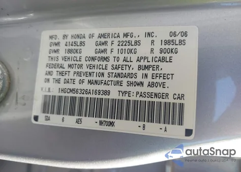 2006 Honda Accord 2.4 Se z USA, uszkodzony, nr VIN 1HGCM56326A169389